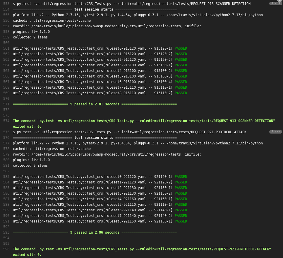 Not all tests are executed by Travis so far. The 920xxx rules are skipped as of this writing